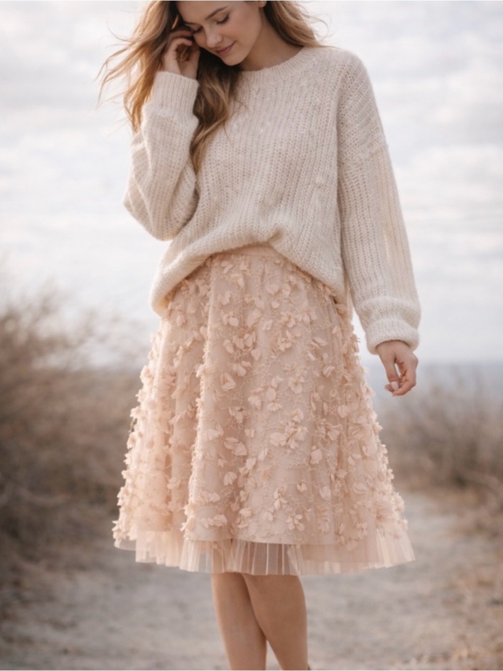 Eva Franco Floral Appliqué Tulle Midi Skirt in Rose